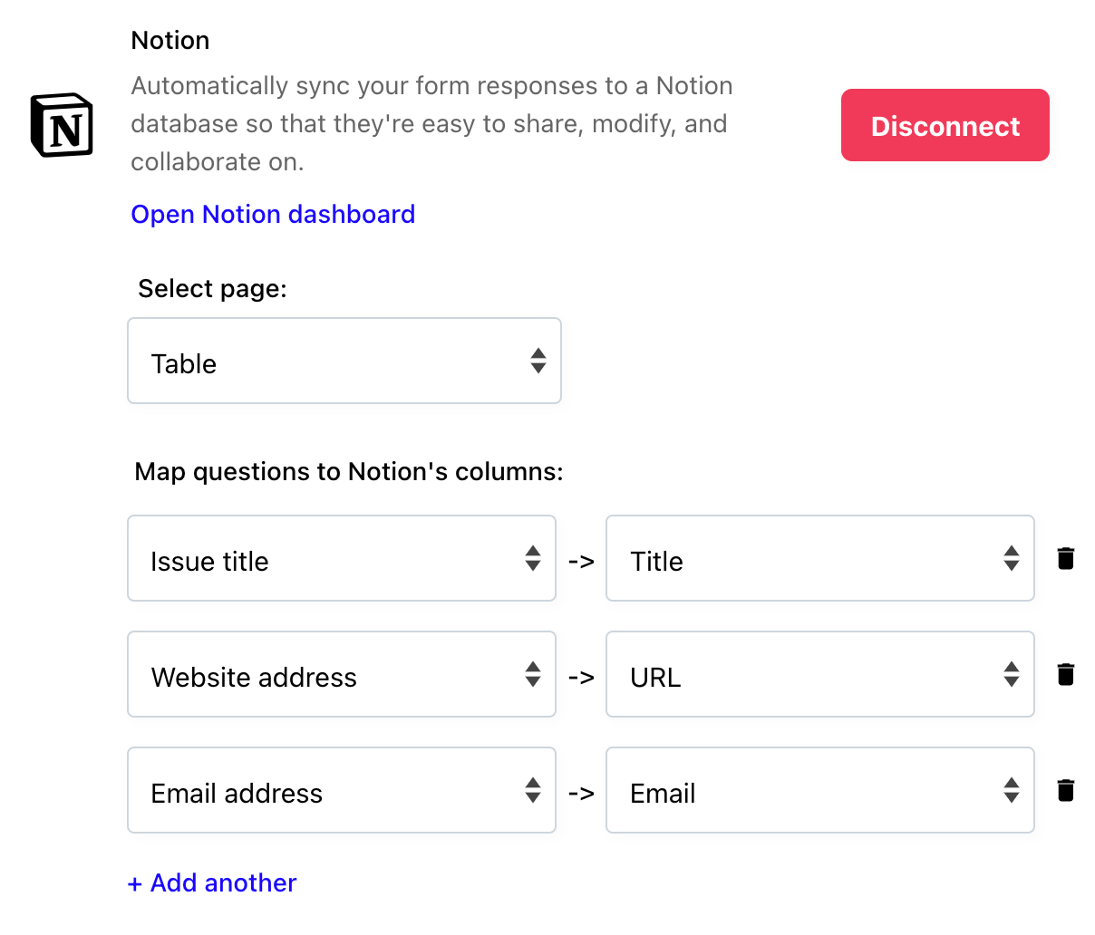 Map questions to Notion columns.