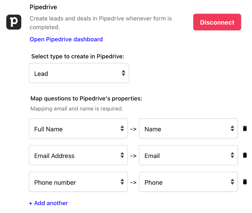 Map questions to Pipedrive properties.